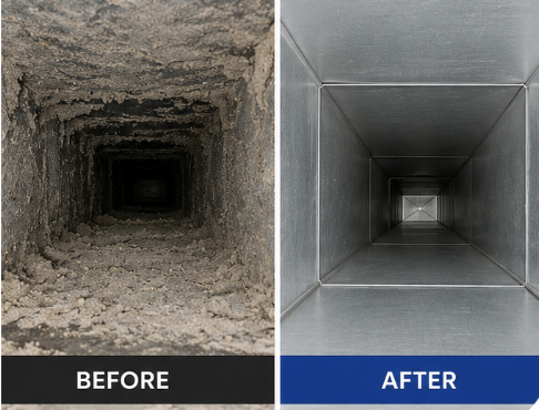Before and after air duct cleaning by Baymark Air Duct Cleaning LLC in Framingham MA — dusty duct vs clean duct